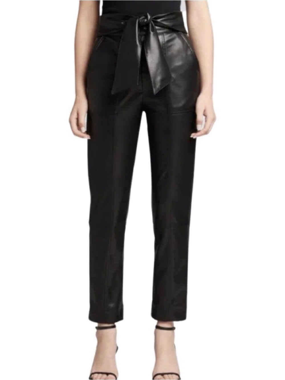 Nicole Miller - High-Waist Black Faux-Leather Paperbag Pants with Tie